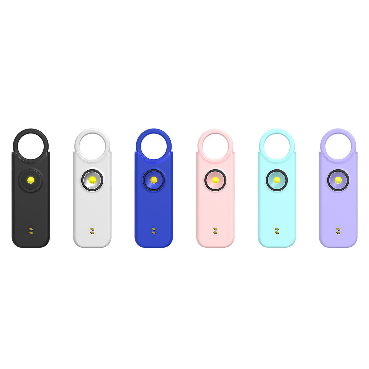AlertaSafe personal alarms in black, white, blue, pink, aqua, and lavender